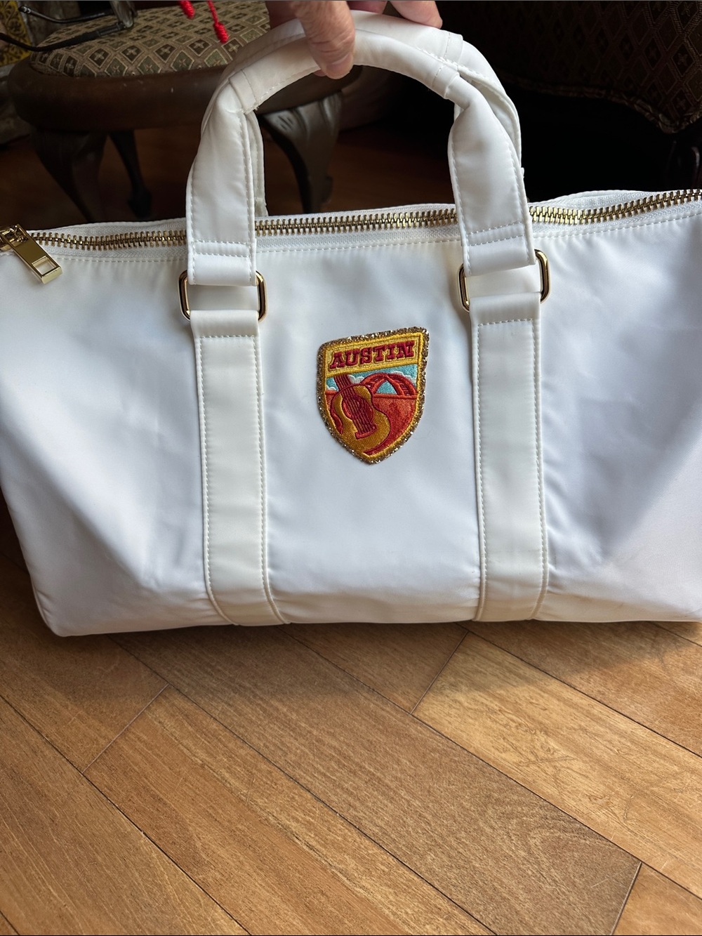 NEW Stoney Clover Duffel - White with glitter AUSTIN patch,